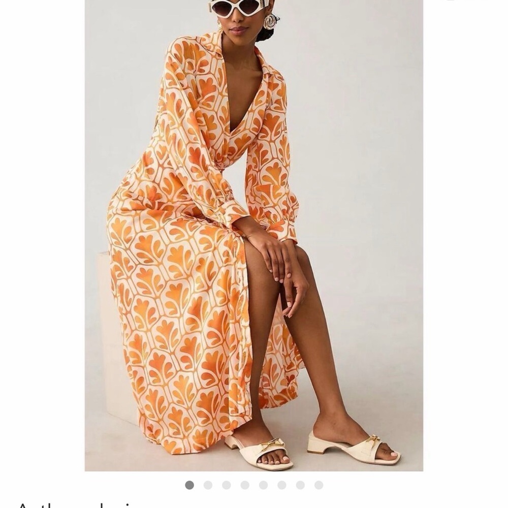 Anthropologie Orange and Cream Floral-Print Long Sleeve Maxi Dress - Picture 2 of 13